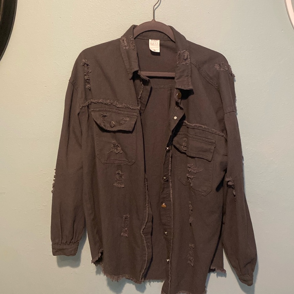 Distressed, jean material shirt